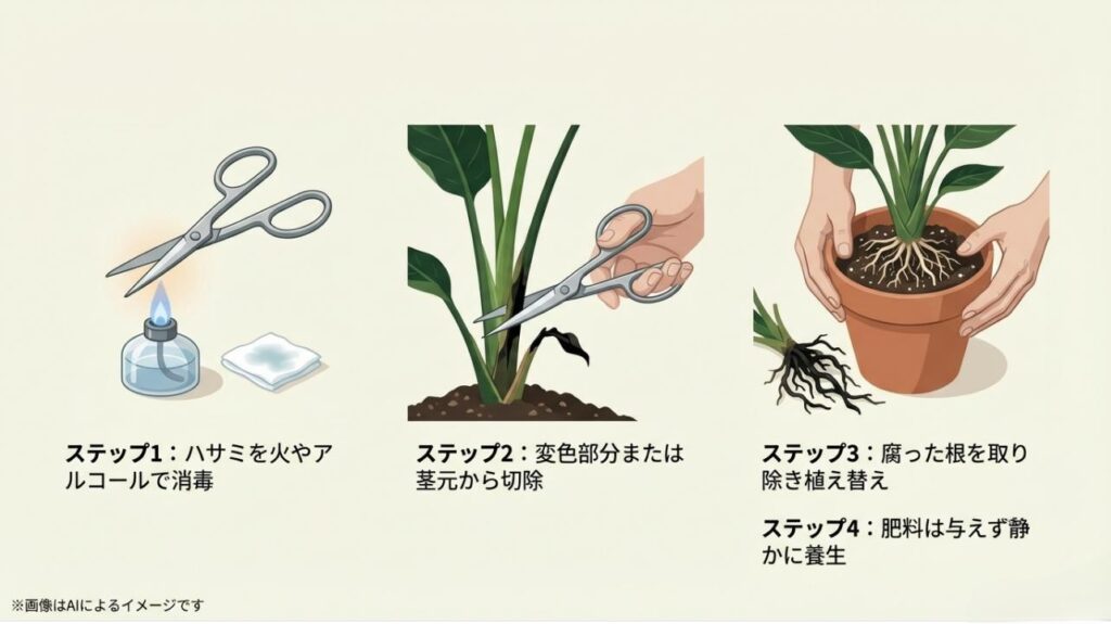 ハサミの消毒、茎元からのカット、腐った根の除去、養生のポイントをイラスト付きで解説したステップ形式のスライド