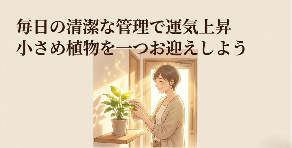 笑顔で植物の葉を優しく拭き、玄関をきれいに保っている女性の明るいイラスト 