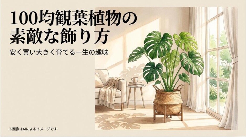 100円ショップの観葉植物を素敵に飾るためのタイトル画像と、安く買い大きく育てる一生の趣味というキャッチコピー