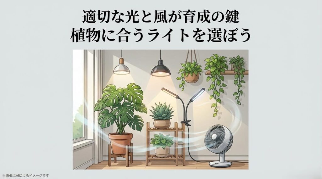 育成ライトとサーキュレーターを併用し、風通しの良い環境で元気に育つ植物たちのイラスト