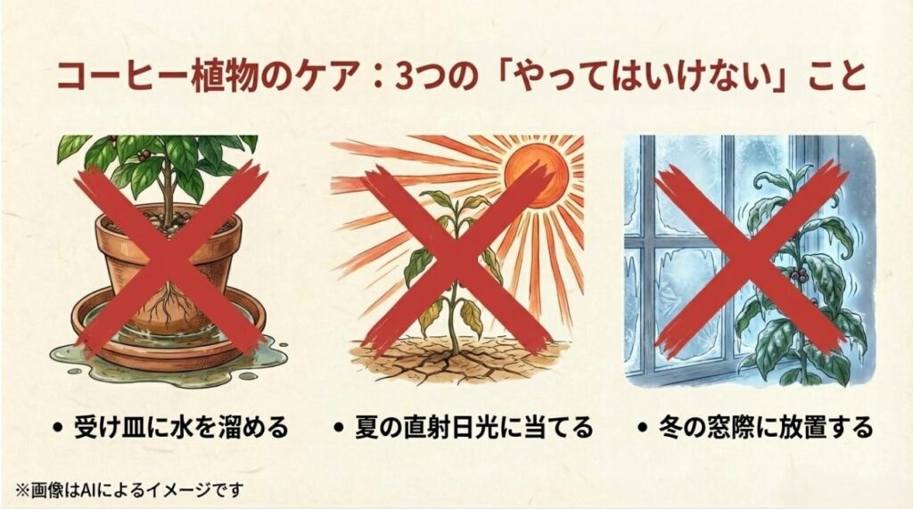 受け皿に水を溜める、夏の直射日光に当てる、冬の窓際に放置するという、コーヒーの木にやってはいけない3つのケアに赤いバツ印がついた解説画像