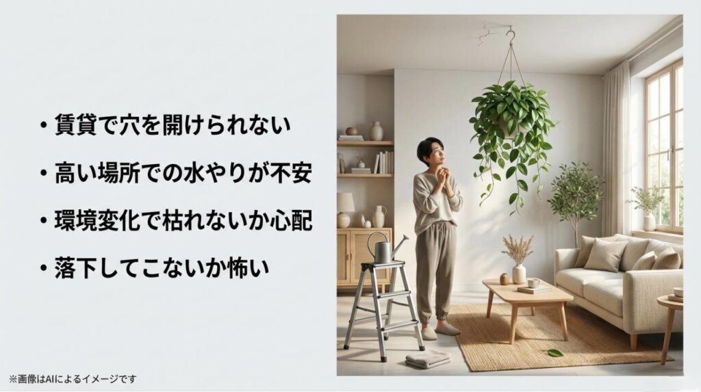穴あけの可否や水やりの手間、落下の恐怖など、初心者が抱く懸念をまとめたスライド