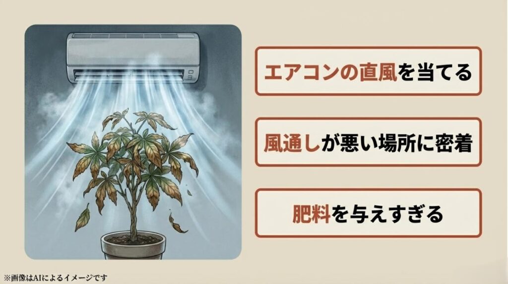 エアコンの風で葉が枯れる様子や、密集配置、肥料過多といった避けるべき管理ミスをまとめたスライド