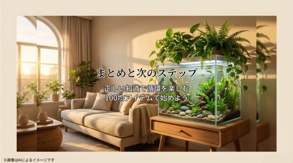観葉植物が生い茂る美しい水槽があるリビングの風景と、前向きなメッセージ