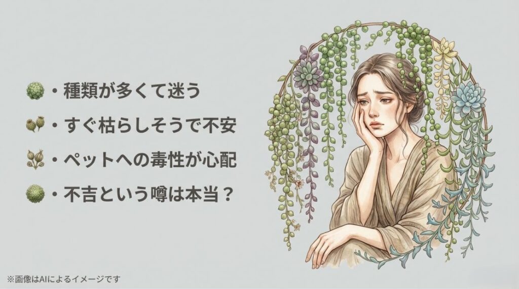 種類の多さ、枯れる不安、ペットへの毒性、不吉な噂といった初心者の悩みをまとめたスライド