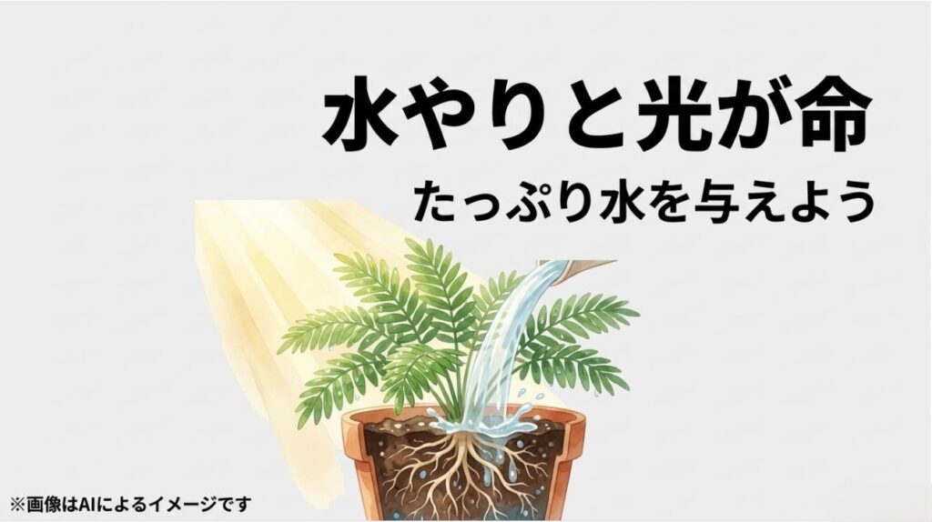 鉢植えのエバーフレッシュにたっぷりと水を与え、根の先まで水分が届いている様子を描いた図解