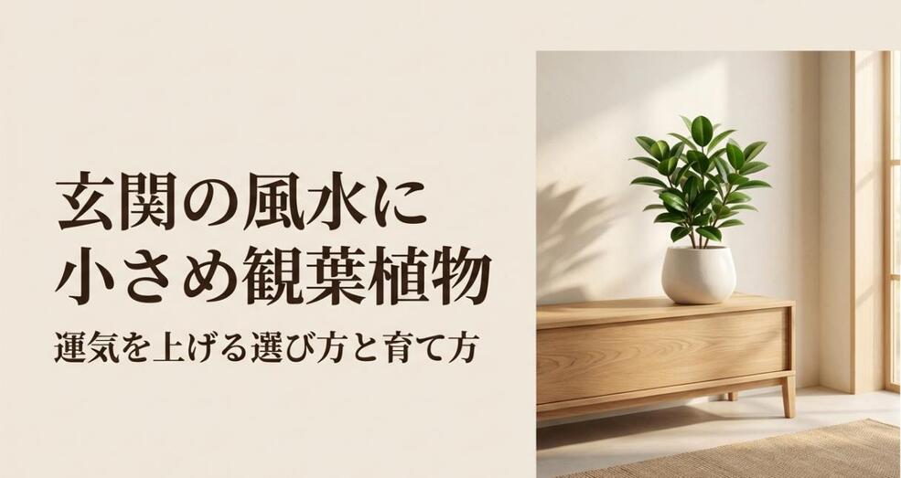 明るい玄関の棚に置かれた、清潔感のある白い鉢に入った小さめの観葉植物のアイキャッチ画像