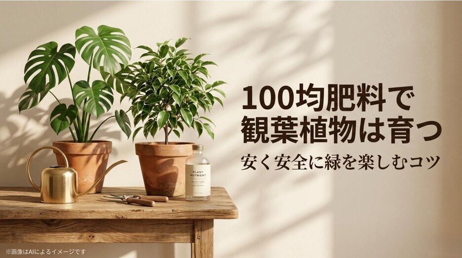 「100均肥料で観葉植物は育つ 安く安全に緑を楽しむコツ」というタイトルが書かれた、おしゃれな観葉植物のアイキャッチ画像