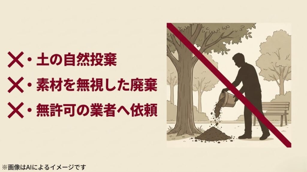 公園に土を捨てようとしている人物に大きな赤いバツ印をつけ、自然投棄や無許可業者への依頼を禁ずる警告画像