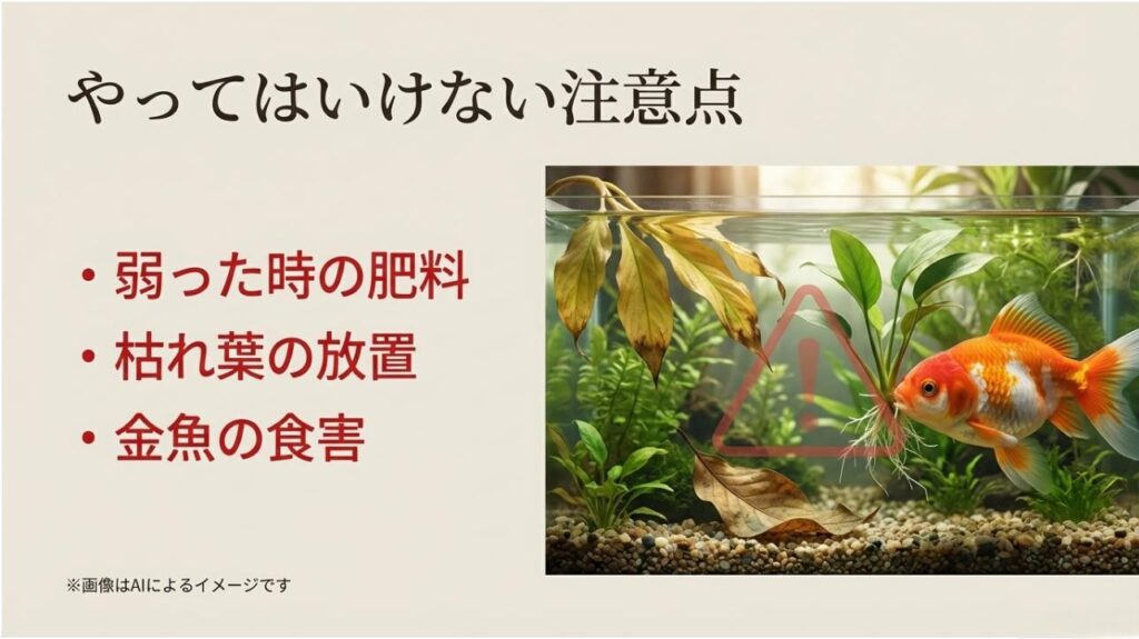 金魚が植物をかじる様子や枯れ葉の放置、弱った時の肥料投与への警告マーク付きイメージ