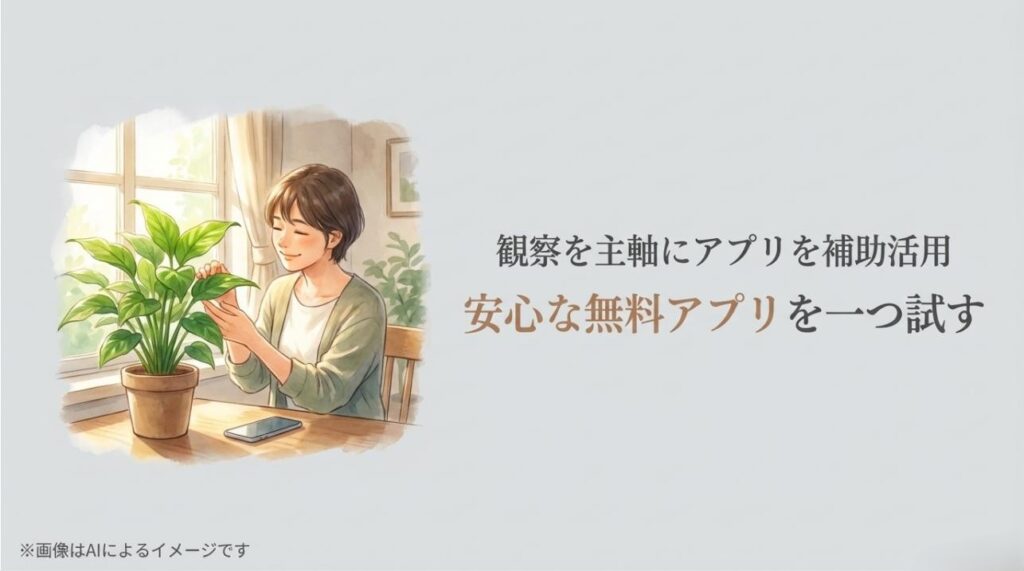 観葉植物の葉を優しく触りながら観察する女性と、テーブルに置かれたスマートフォンのイメージ