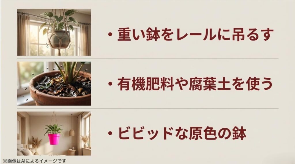 レールへの重い鉢、有機肥料の使用による虫、ビビッドすぎる色の鉢といった、ハンギングで避けるべきポイントのまとめ 。