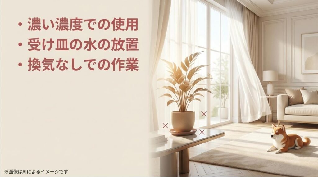 濃い濃度での使用、受け皿の水の放置、換気なしの作業を避けるよう警告する図解