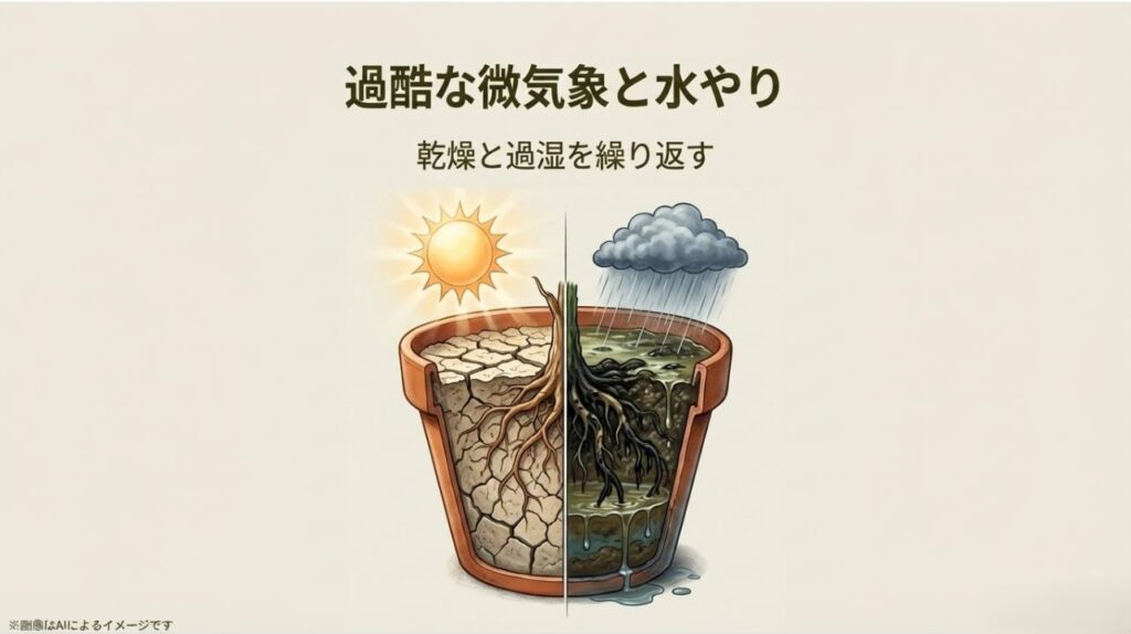 鉢の中で土がひび割れるほどの乾燥と、根が水浸しになる過湿が繰り返される過酷な状況を描いたイラスト