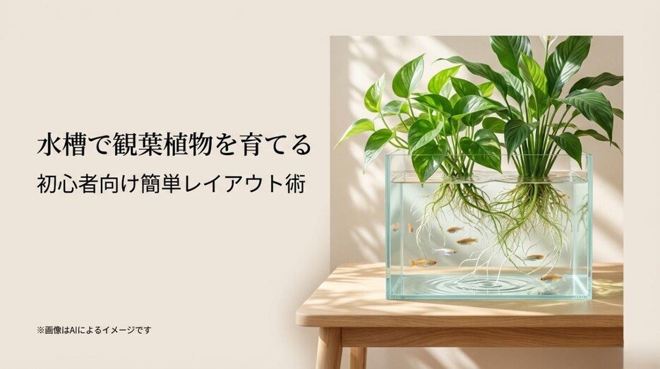 ガラス水槽にポトスなどの観葉植物が入り、水中で魚が泳いでいる、清潔感のあるアクアポニックスのイメージ画像