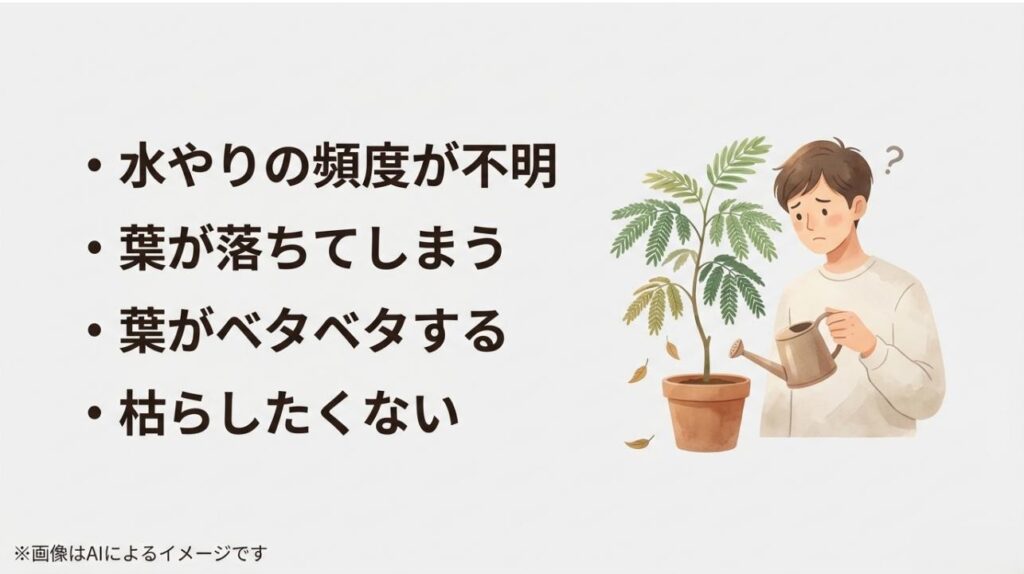 水やりの頻度や葉が落ちるなどのトラブルに悩む飼い主と、エバーフレッシュのイラスト