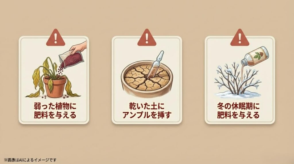 弱った植物への施肥、乾いた土への使用、冬の休眠期の投与という、3つの注意点を描いたスライド