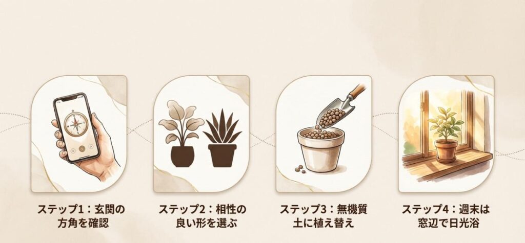 方角の確認、形選び、植え替え、週末の日光浴という4つの手順を示した図解