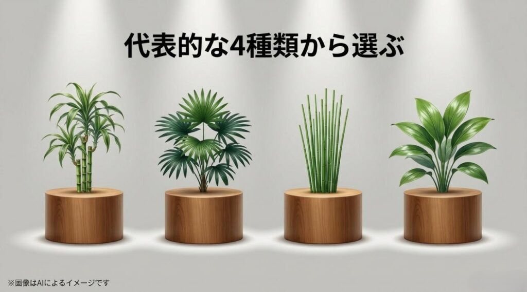 ミリオンバンブー、観音竹、トクサ、梛の木の4種類が並び、それぞれの外観を比較できるイラスト