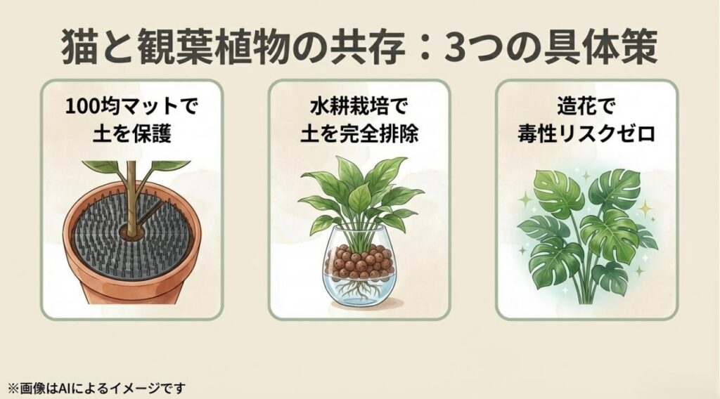猫よけマットでの土の保護、水耕栽培、造花の活用という、具体的な3つの防止策をイラストで紹介したスライド