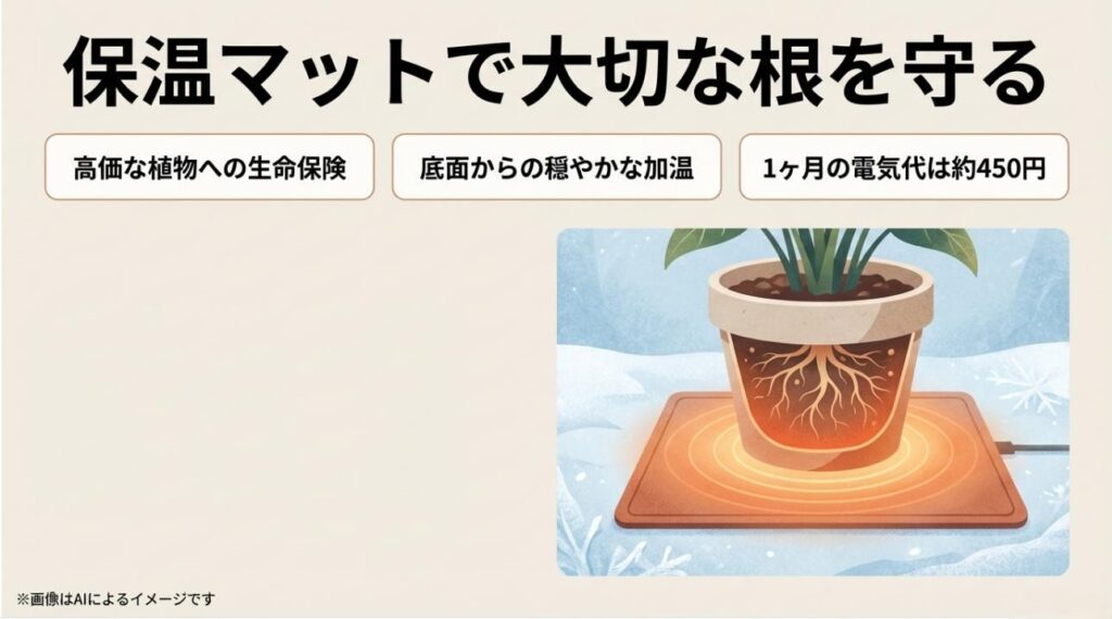 鉢底から温める様子と、1ヶ月の電気代が約450円であること、高価な植物の生命保険になることを説明するスライド