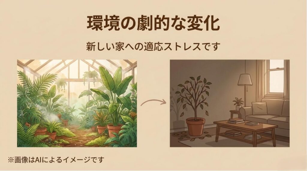 理想的な温室と一般的なリビングの環境の差が、ベンジャミンのストレスになることを示す比較図