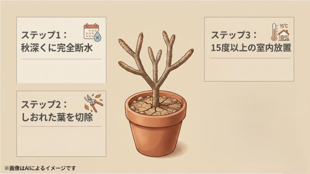 秋に完全に水を切り、葉を落として冬眠状態に入ったプルメリアの鉢植えと管理手順の図解