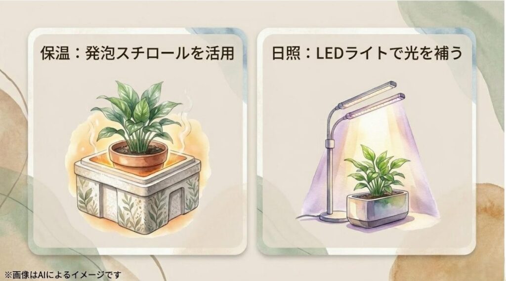 発泡スチロールを用いた鉢の保温対策と、LED育成ライトで日照不足を補う具体的な方法を紹介するスライド
