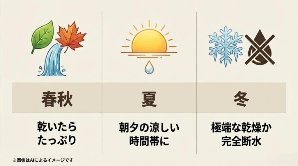 春秋はたっぷり、夏は朝夕、冬は断水など、季節ごとの水やり方法をまとめた比較表