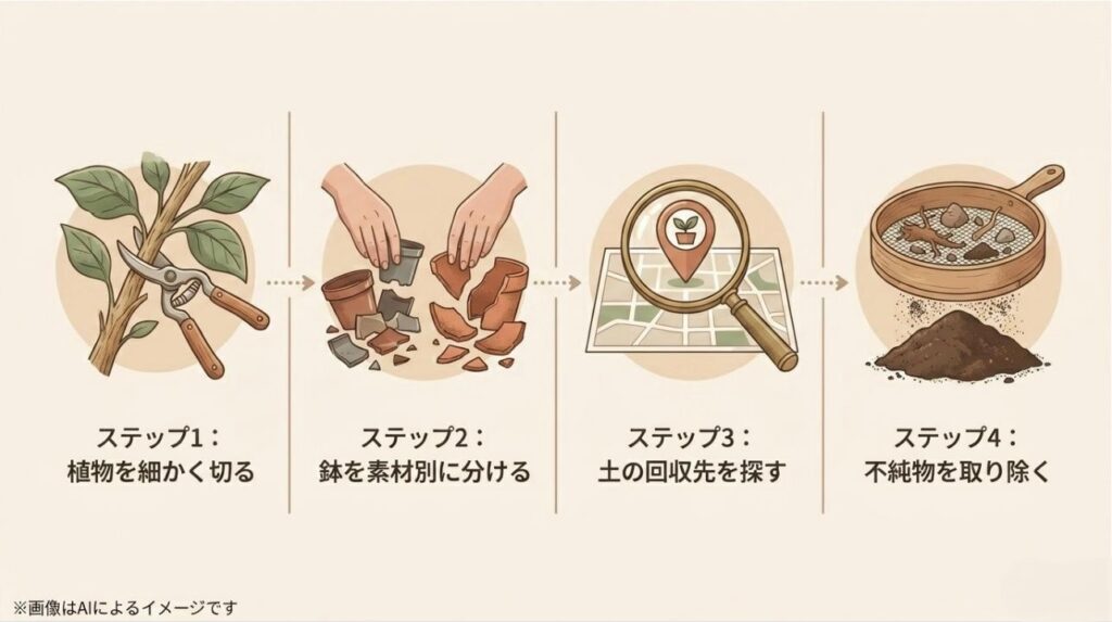 植物を切る、鉢を分ける、回収先を探す、不純物を除くという、処分に向けた具体的な4つの手順の図解
