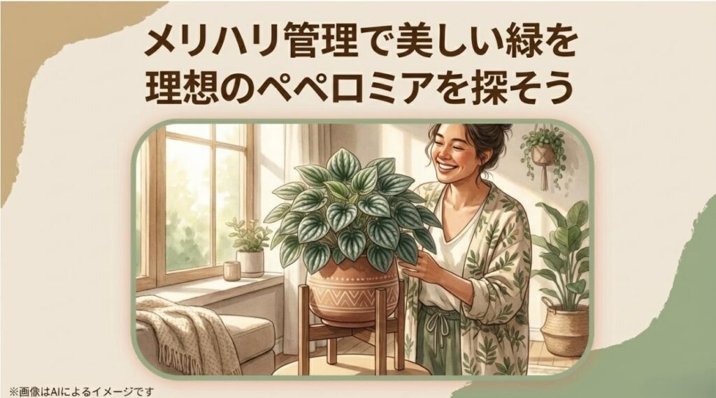 健康に育ったペペロミアを手に笑顔を見せる女性。メリハリ管理で理想のグリーンライフが叶うことを伝えるまとめのスライド