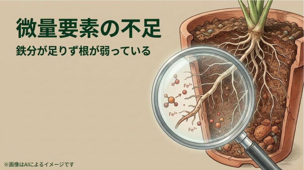 鉄分が不足して根が弱るメカニズムと、二価鉄イオンが植物の回復を助ける仕組みを解説したスライド