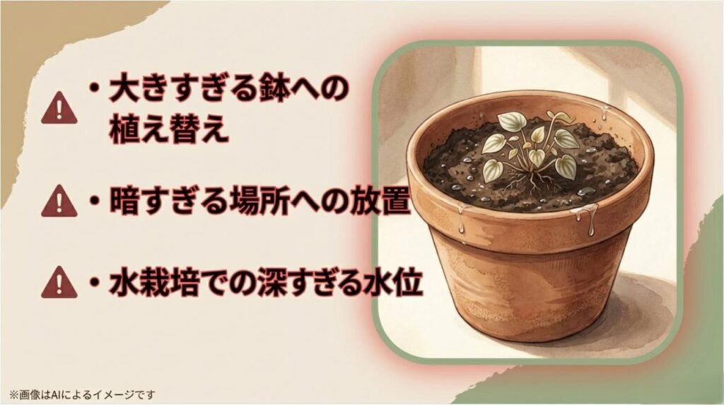 サイズ違いの鉢への植え替え、極端な日陰、水栽培での深すぎる水位など、失敗に繋がる行動をまとめた注意スライド