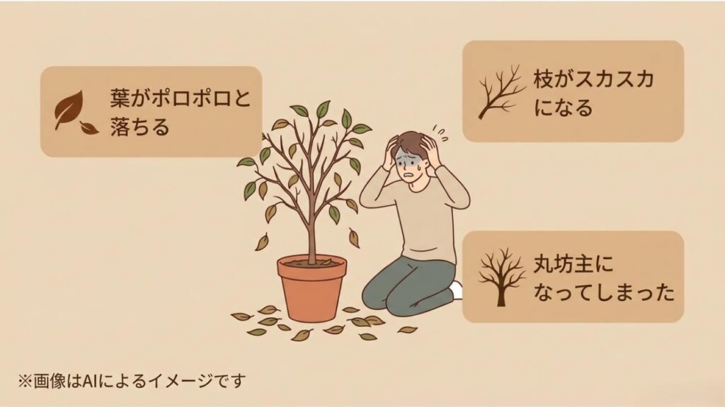 葉が落ちて枝がスカスカになったベンジャミンを前に、頭を抱えて悩んでいる人のイラスト