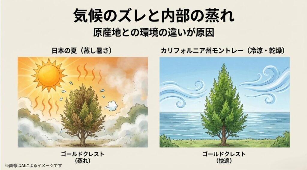 カリフォルニアの冷涼な気候で快適に育つ様子と、日本の猛暑で蒸れて苦しむゴールドクレストを比較したイラストスライド