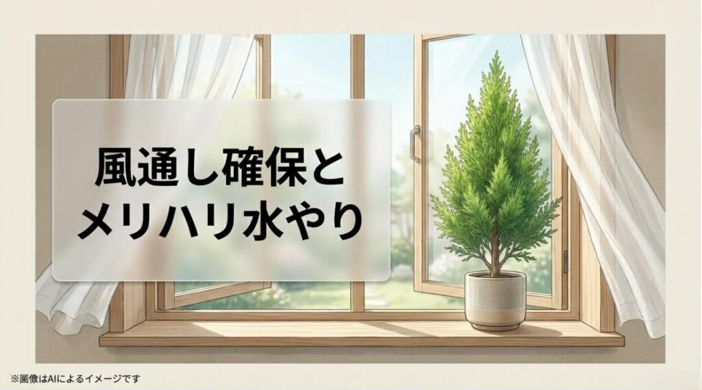 窓際での風通し確保と、土の乾湿に合わせたメリハリのある水やりの重要性を強調したスライド