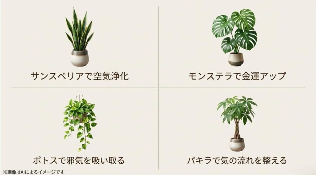 サンスベリア、モンステラ、ポトス、パキラの画像と、空気浄化や金運アップなどの効果を一覧にしたスライド