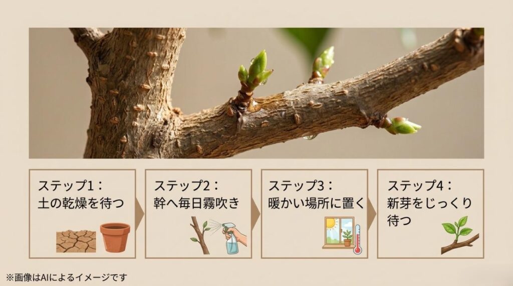 土を乾かす、毎日幹に霧吹き、暖かい場所に置く、新芽を待つという、再生のための4つの工程表
