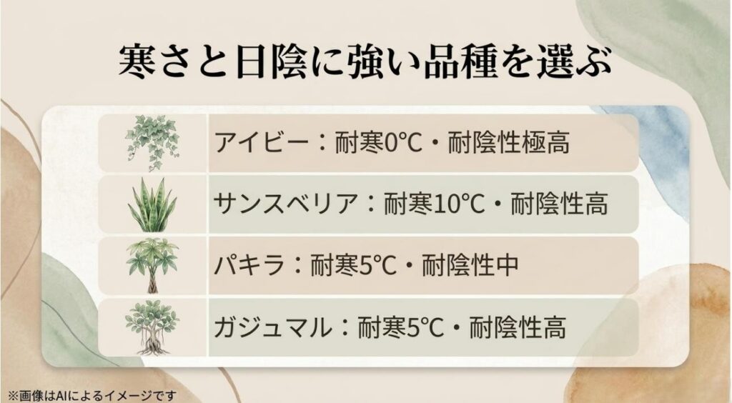 アイビー、サンスベリア、パキラ、ガジュマルの具体的な耐寒温度と耐陰性の強さを一覧でまとめた比較表