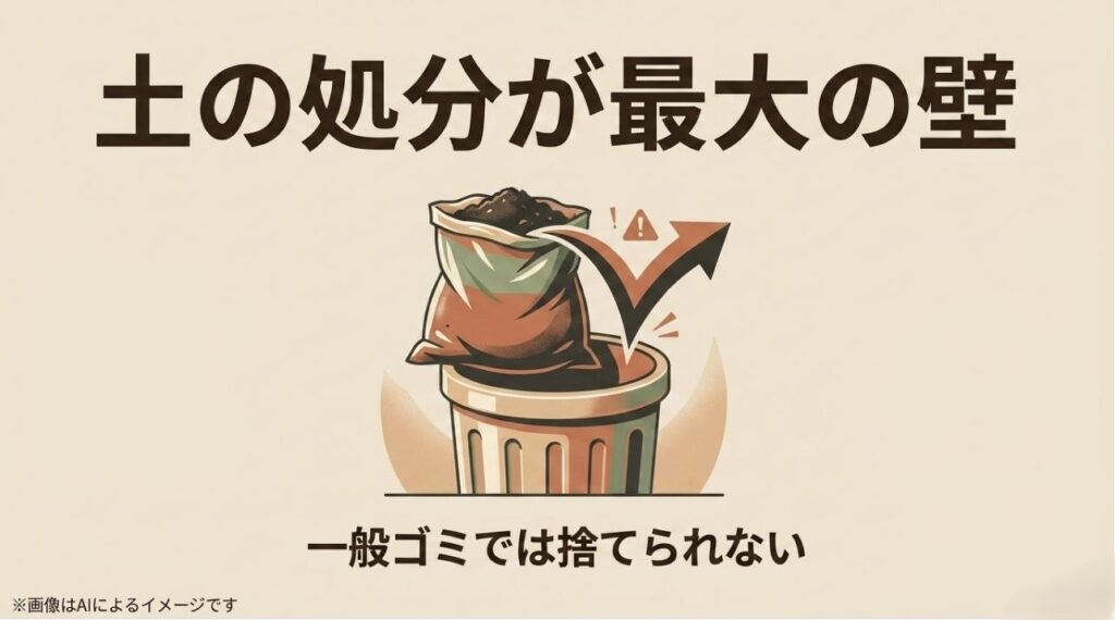 土の袋がゴミ箱に入らない様子を示し、一般ゴミでは捨てられない最大の壁であることを強調する図解