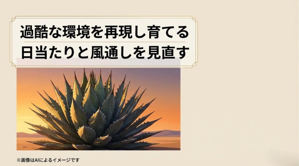 夕陽を浴びて、過酷な環境下で力強く育ったロゼット状の美しいアガベ