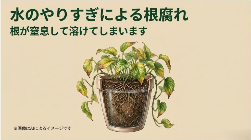 鉢の中が水浸しになり、酸素不足でポトスの根が茶色く腐敗している断面図