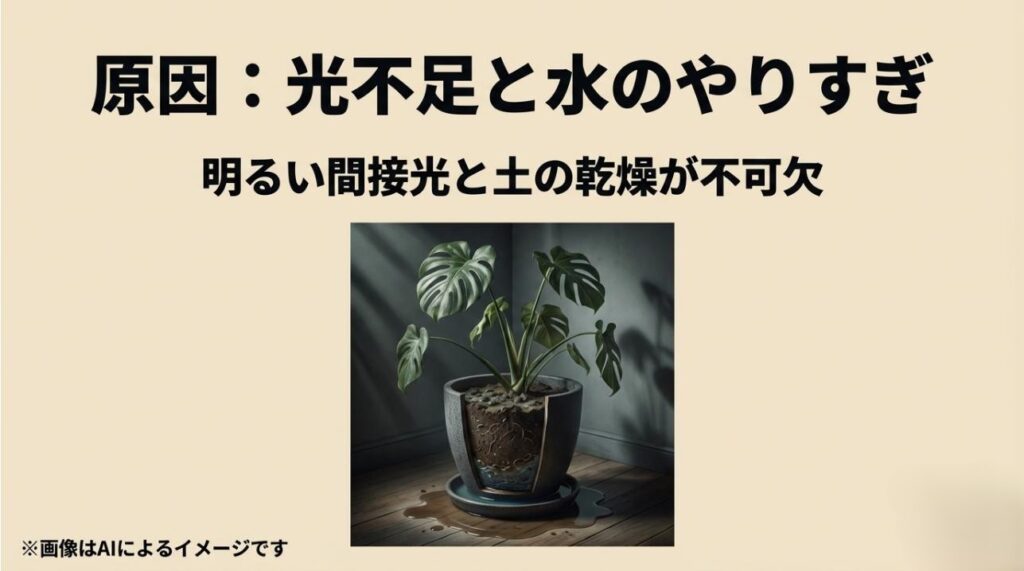 水のやりすぎで根腐れした様子と、健やかな成長に不可欠な「明るい間接光」と「土の乾燥」を対比させた解説スライド