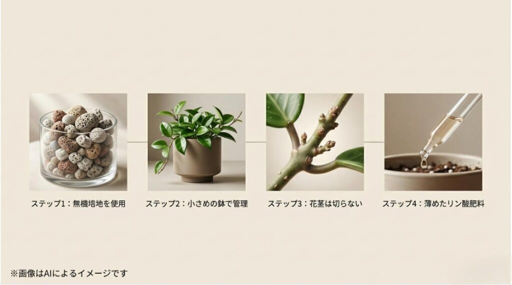 無機培地の使用、小さめの鉢、花茎を温存、薄めたリン酸肥料というホヤ栽培の重要ポイントをまとめたステップ図