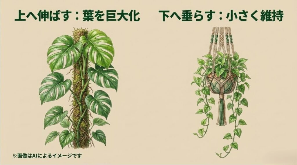 支柱を登って葉が巨大化したポトスタワーと、吊り下げて小さな葉を維持するハンギングの比較画像