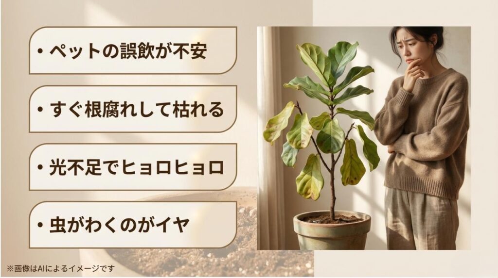 ペットの誤飲、根腐れ、光不足による徒長、虫の発生という、ペペロミア栽培における代表的な4つの懸念事項をまとめたスライド