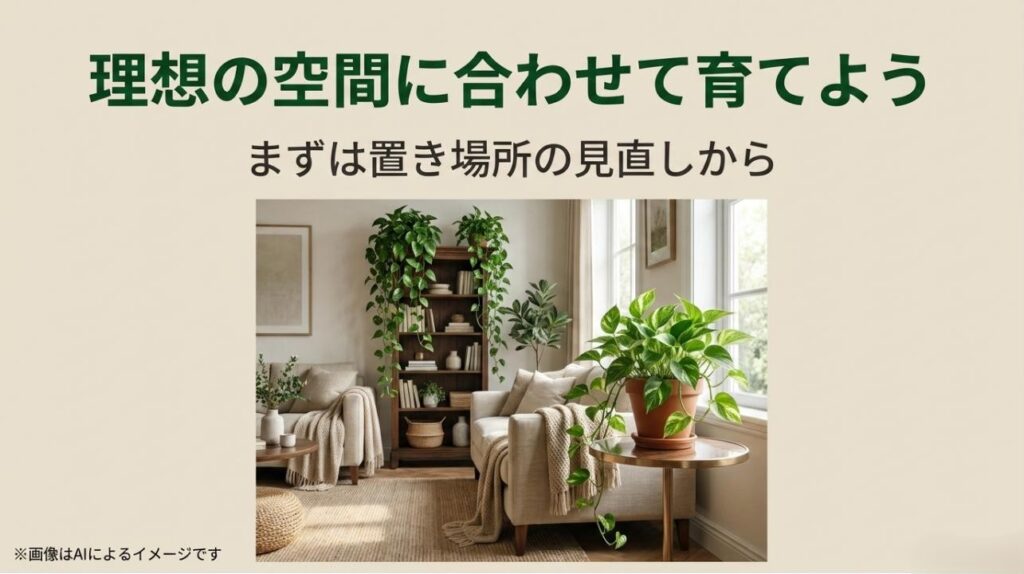 本棚から垂らしたりテーブルに置いたりして、ポトスを立体的に配置した温かみのあるリビングルームの風景