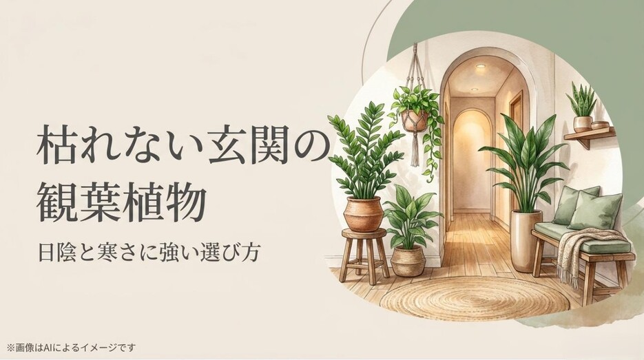 玄関の日陰や寒さに負けない観葉植物の選び方を解説するタイトルのアイキャッチ画像