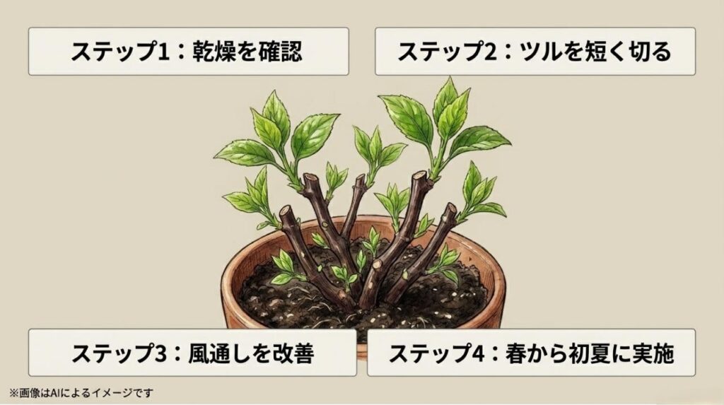 切り戻した茎から新しい脇芽が吹き出し、元気に再生していく様子と管理手順のスライド