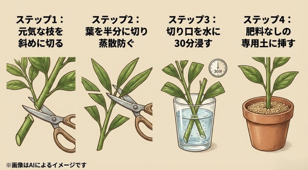 枝の斜め切り、葉のカット、水揚げ、専用土への挿し木の工程を分かりやすく4ステップで描いたイラスト